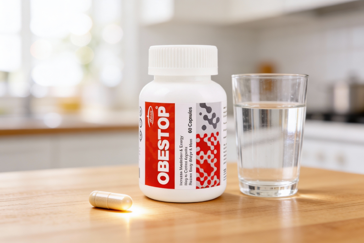 کپسول ابستاپ کنار لیوان آب برای مصرف روزانه